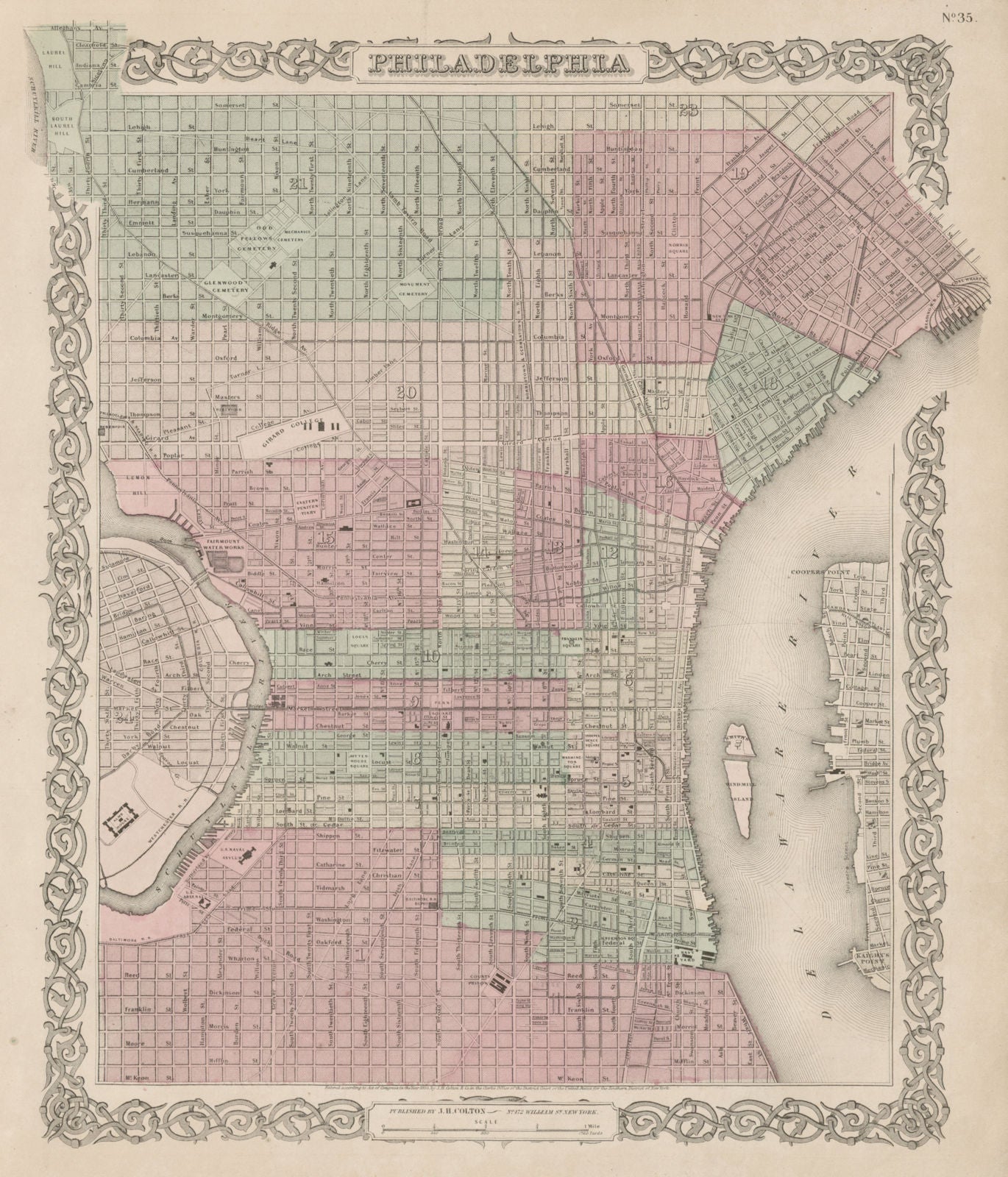 Philadelphia decorative antique city plan. COLTON 1863 old map chart